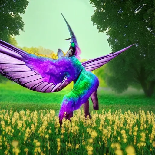 Prompt: a purple and green unicorn with butterfly wings standing in a field of marijuana eating, photography, 8 k, highly detailed, ultra realistic, path traced