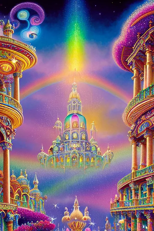 Prompt: a photorealistic detailed cinematic image of a beautiful vibrant iridescent future for human evolution, spiritual science, divinity, utopian, prismatic cumulus clouds, ornate architecture, isometric palace, ornate intricate embellished kingdom. night garden magic, rainbow jewels and sparkling diamonds, by david a. hardy, kinkade, lisa frank, wpa, public works mural, socialist