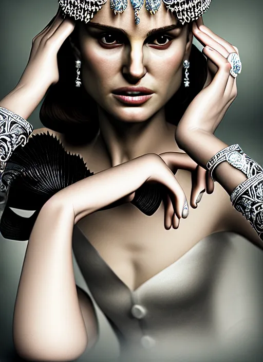 Image similar to 5 0 mm portrait of an absurdly beautiful, graceful, sophisticated, fashionable woman, natalie portman, popovy sisters, intricate jewellery, white porcelain skin, faberge, intricate chrome headdress, dark brooding atmosphere, unreal engine 5 highly rendered, global illumination, radiant light, detailed and intricate environment