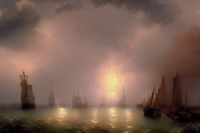 Image similar to A beautiful painting of port town during thunderstorm by Ivan aivazovsky and greg rutkowski