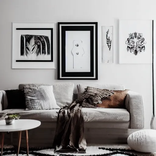 Prompt: a minimalist mockup photo with large blank frame, in a white boho style studio, in cozy coastal style home interior, white walls, trending on pinterest