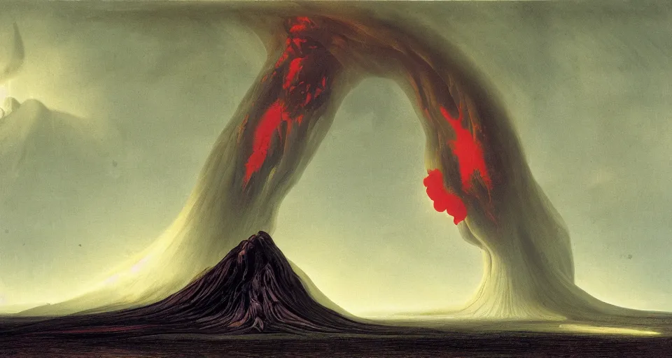 Image similar to a volcano made of ivory vines and crimson rocks enters in eruption, it spits a smoke in the shape of demonic eye, by John Martin