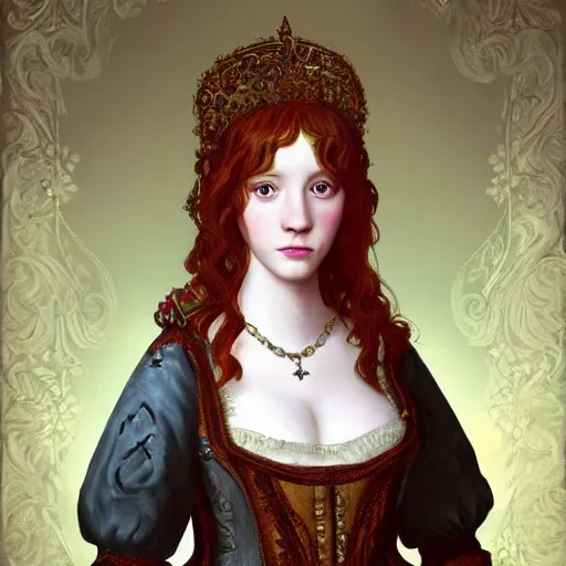 Image similar to a beautiful portrait of a teenage christina hendricks as a 1 6 th century noblewoman, fantasy, intricate, elegant, highly detailed, digital painting, artstation, concept art, matte, sharp focus, illustration, luminist and baroque style