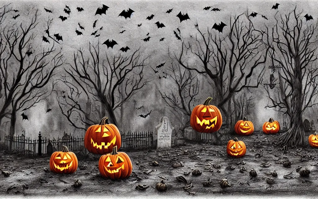 Prompt: engraved halloween pumpkins with menacing expression, scattered in a graveyard at night, bats flying over tombstones, bare trees, iron railing, gloomy atmosphere, digital illustration tim burton style