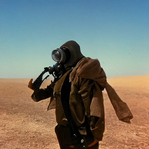 Prompt: a man wearing a gasmask, heavily equipped, in the desert, film still, arriflex 35