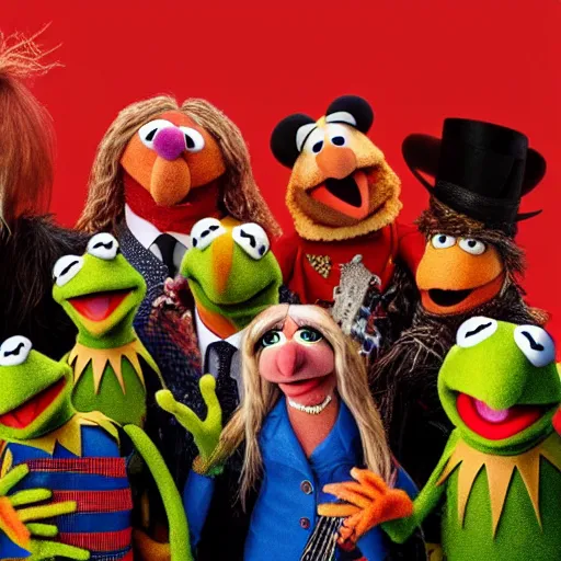 Image similar to the muppets in a satanic heavy metal band, 4k, high detail, high-resolution photograph, professional photography, ultra-detail