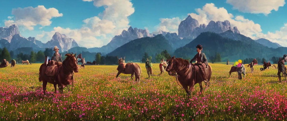 Image similar to a ultra photorealistic and sharp film still of an a sunny and colourful open field in 1 9 0 0 in the middle of the bavarian alps, germany. wide shot, wes anderson, studio ghibli, pixar and disney animation, octane render, anime key art by greg rutkowski, dramatic lighting, award winning photography