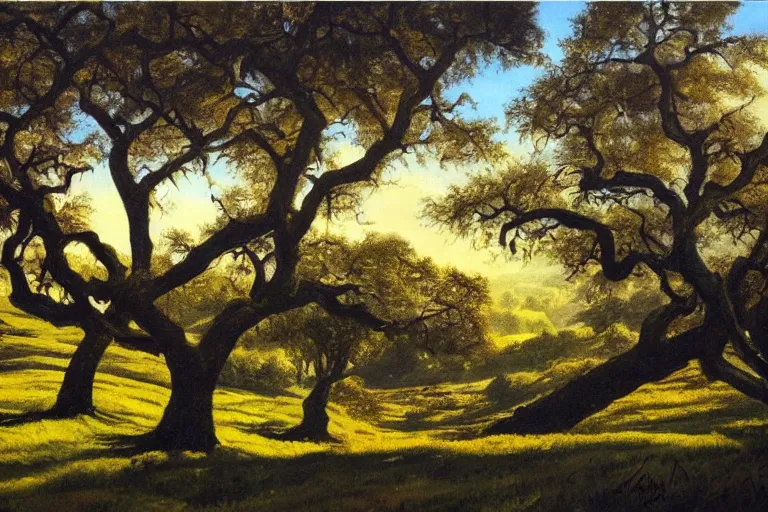 Image similar to masterpiece painting of oak trees on a hillside overlooking a creek, dramatic lighting, by marc davis