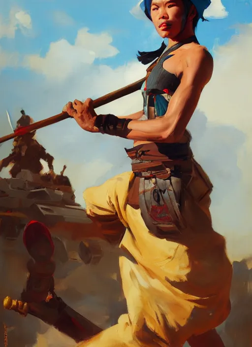 Prompt: greg manchess side portrait of a filipino fighter with a staff standing on a tank, organic painting, sunny day, matte painting, bold shapes, hard edges, street art, trending on artstation, by huang guangjian, gil elvgren, ruan jia, randy vargas, greg rutkowski