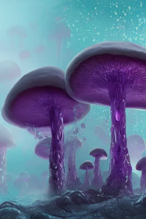 Prompt: Giant Mushroom Dripping Viscous Blobs of Purple Liquid from its Cap, fantasy, digital illustration, realistic, trending on artstation, volumetric lighting, ultra detailed