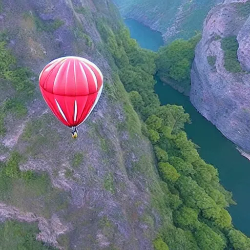 Prompt: a hairy dog attached to a large open balloon parachute jumping from a mountain cliff. captured by a drone. wide camera. epic