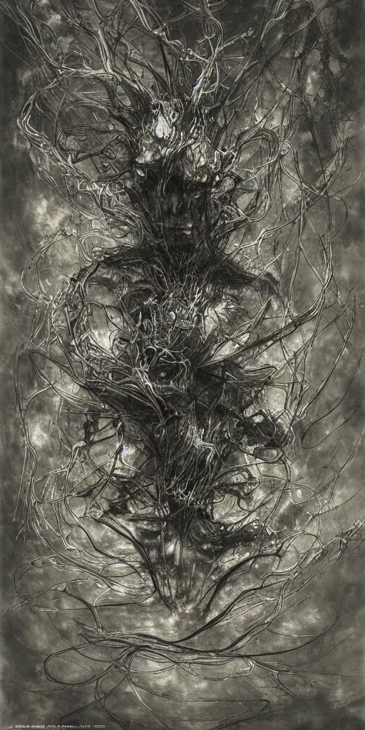 Prompt: portrait of yoshitaka amano's neural nightmare, stark composition