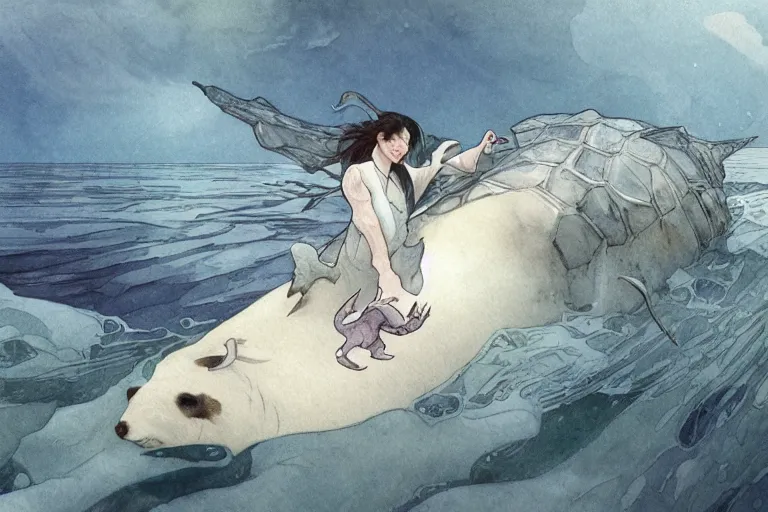 Image similar to a pilosaurus hunting a baby harp seal in the Arctic, swimming among fish in a gray and blue ocean of worrying intent, water color, art by artgerm and greg rutkowski and alphonse mucha and jin xiaodi and anthony devine