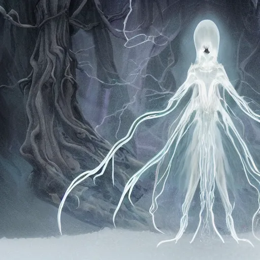 Prompt: concept designs of an ethereal ghostly wraith like figure with a squid like parasite latched onto its transparent skull and long tentacle arms that flow lazily but gracefully at its sides like a cloak while it floats around a frozen rocky tundra in the snow searching for lost souls and that hides amongst the frosted trees, this character has hydrokinesis and electrokinesis for the resident evil village video game franchise with inspiration from the franchise Bloodborne in the style of arcane the series on netflix