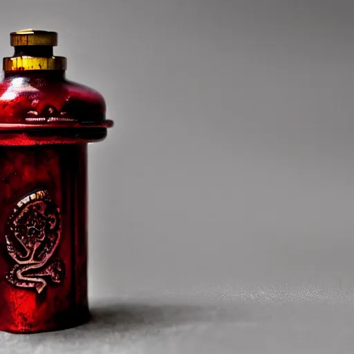 Prompt: Antique ornate sci-fi syringe filled with red liquid, dramatic lightning backround