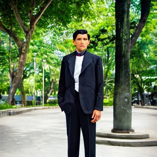 Image similar to outdoor portrait of jose rizal!! as a handsome young man in 2 0 2 0, 3 0 years old wearing stylish modern clothes, photo taken in 2 0 2 0, award winning photography, 3 5 mm f 1. 4 digital photo, matte colors