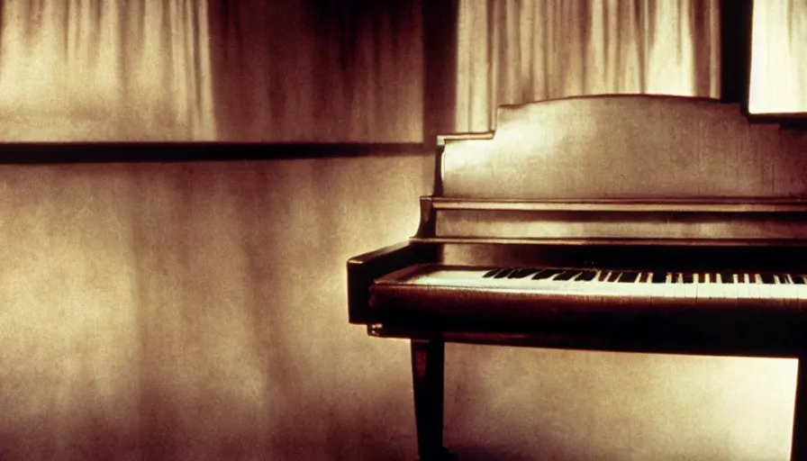Image similar to 7 0 s film still from a horror movie about an old piano, kodachrome, cinecolor, cinestill, film grain, film texture, retro, cinematic, high resolution, photorealism,