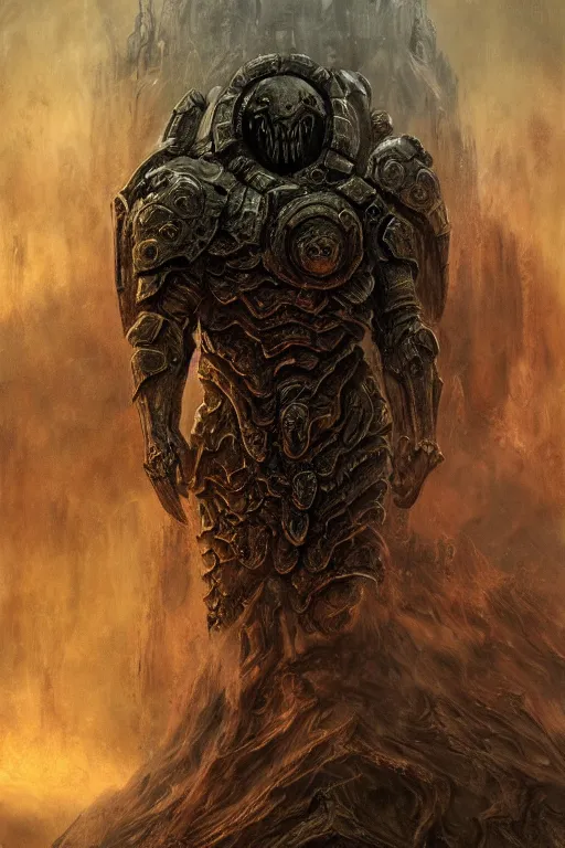 Prompt: Elden Ring and Doom themed painting of hellscape human demon hybrid armored warrior, fantasy matte painting movie poster, golden ratio, trending on cgsociety, intricate, majestic, dark epic fantasy, trending on artstation, by H.R. Giger and Zdizslaw Beksinski, highly detailed, vibrant, cinematic quality character render; low angle; ultra high quality model; production quality cinema model