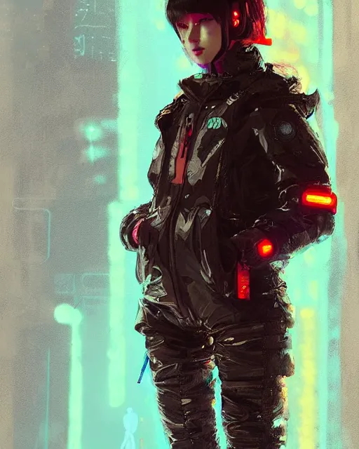 Image similar to detailed portrait Neon guard girl with short brown hair, cyberpunk futuristic, reflective puffer jacket, black leggings, decorated with traditional Japanese ornaments by Ismail inceoglu dragan bibin hans thoma, Perfect face, fine details, realistic shaded, fine-face, pretty face