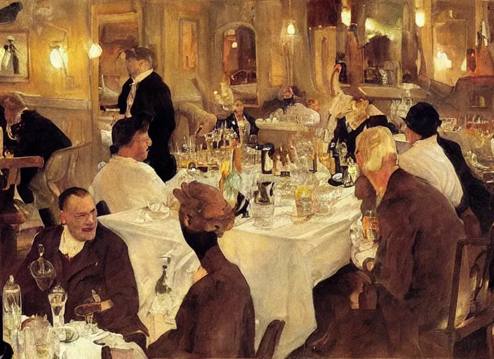 Prompt: men having dinner, singing, roaring twenties, cellar, masterpiece, torches on wall, meat, wine, schnapps, smoking cigars, scantily clad blondes, oil painting by anders zorn and carl larsson, art nouveau