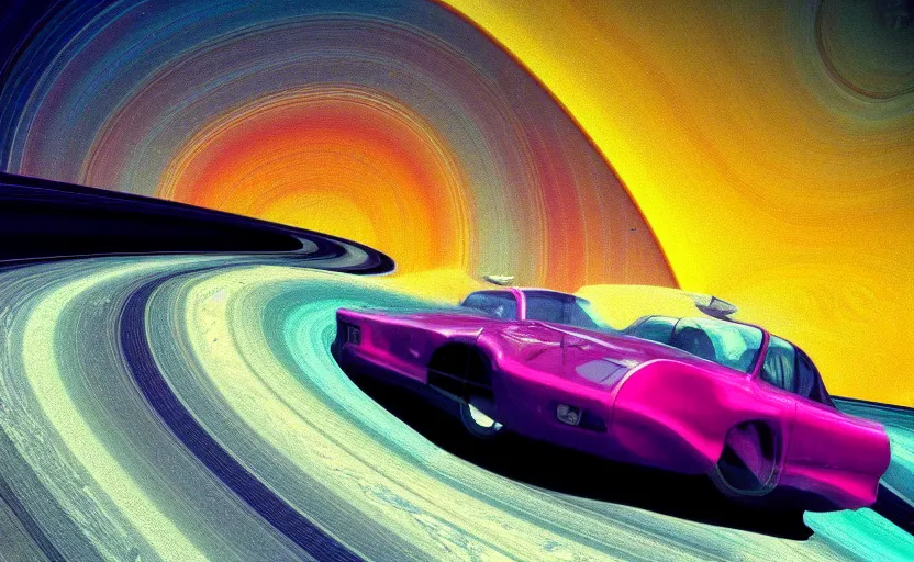 Prompt: a retro photo of a cool car driving on saturn's rings, colorful, vibe, bloom, bloomy