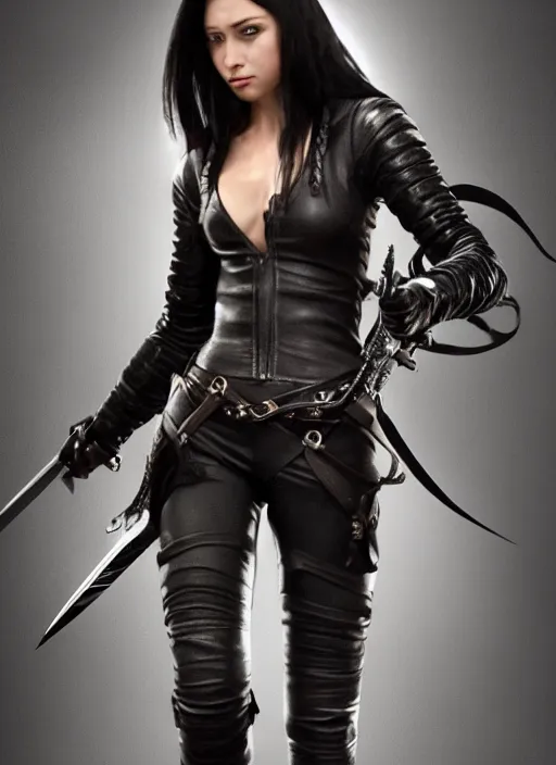 Image similar to black haired woman in a leather jacket, a sword fight, action pose, movie scene, highly detailed, intricate, face enhance, long sharp intricate sword, trending on artstation, action pose