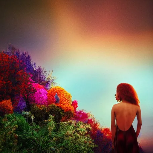 Image similar to A picture of a planet of various colors and plants, in which the human figure is dressed in something magical and impressive, inside the picture is infinity, sunset light, Atmospheric phenomenon, artistic photography, muted colors, conceptual