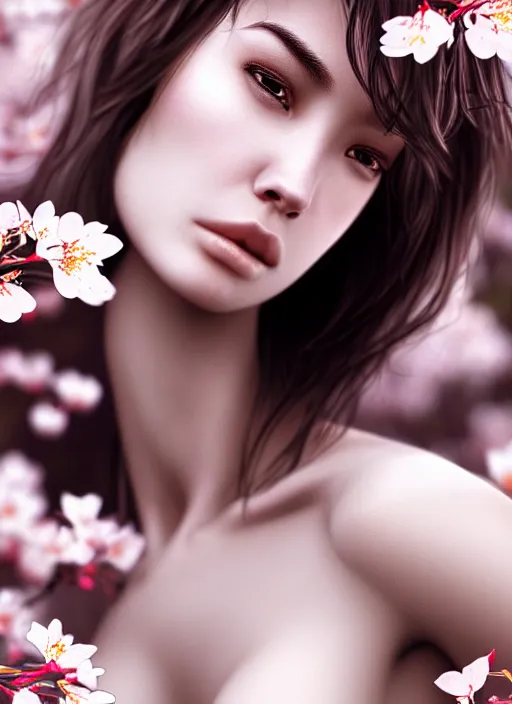 Image similar to photo of a gorgeous female with messy hair in the style of stefan kostic, realistic, body shot, sharp focus, 8 k high definition, insanely detailed, intricate, elegant, art by stanley lau and artgerm, cherry blossoms