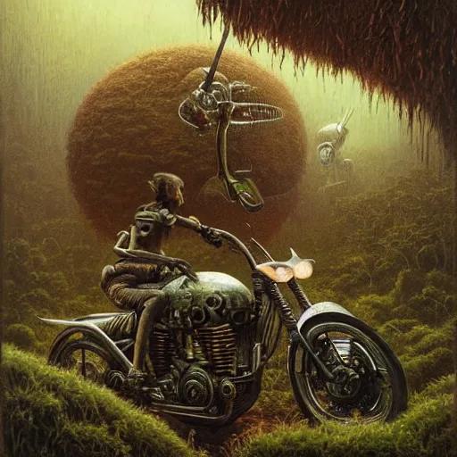 Image similar to a hyperrealistic painting of a futuristic motorcycle in the middle of an alien jungle, bioluminescent plants, by john kenn mortensen and zdzislaw beksinski, highly detailed, vivid color,