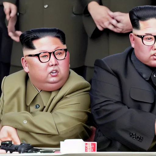 Image similar to donald trump and kim jong un both using binoculars