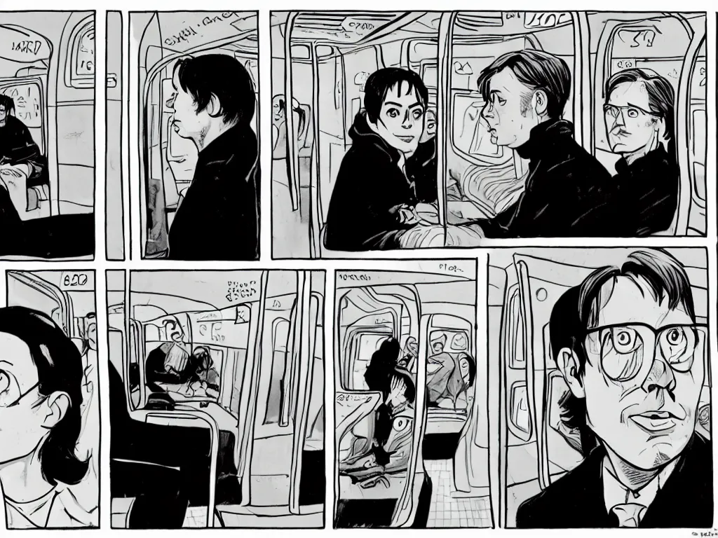 Image similar to a single comic panel by Daniel Clowes, 3/4 low angle view wide shot of two people sitting in an empty Chicago subway train, in front of windows: a sad Aubrey Plaza in a parka and a friendly Mads Mikkelsen in a suit