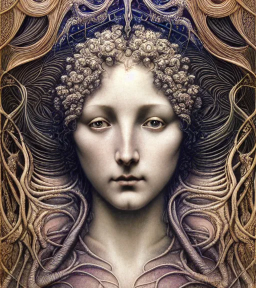 Prompt: detailed realistic beautiful anodized goddess face portrait by jean delville, gustave dore, iris van herpen and marco mazzoni, art forms of nature by ernst haeckel, art nouveau, symbolist, visionary, gothic, neo - gothic, pre - raphaelite, fractal lace, intricate alien botanicals, biodiversity, surreality, hyperdetailed ultrasharp octane render