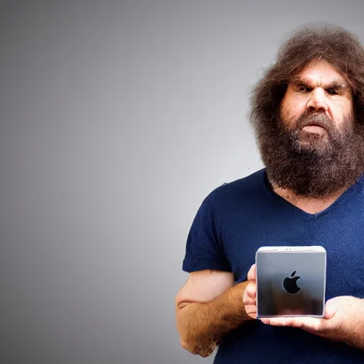 Prompt: caveman holding iphone, portrait