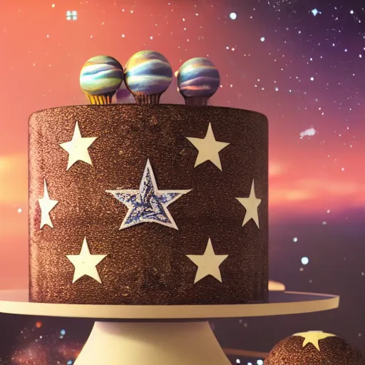 Image similar to Realistic photography of space cake stars and planets on it, behance, artstation, unreal render, unreal engine 5, octane, intricate, 100mm, photorealistic, hyper realism, high detail, smooth, sharp focus, bokeh, 8k, movie shot, cinematic perspective, studio shot