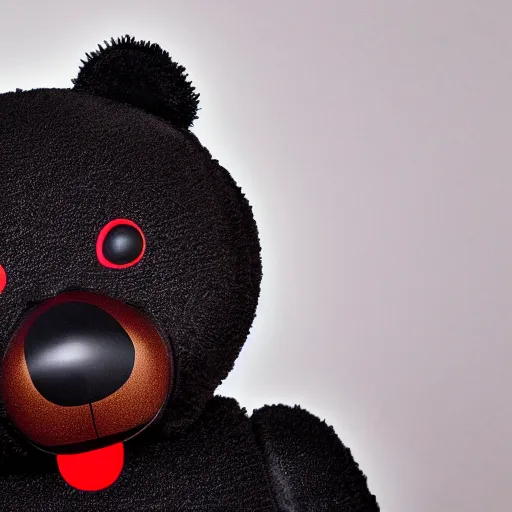 Image similar to robot black teddy bear with red eyes, face close up, realistic, highly detailed, studio photo, dark lighting