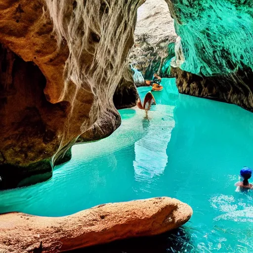 Prompt: photo of spelunkers exploring a beautiful majestic cave full of geodes, crystals, and gemstones. there is a natural pool of turquoise water. professional journalistic photography from national geofraphic.