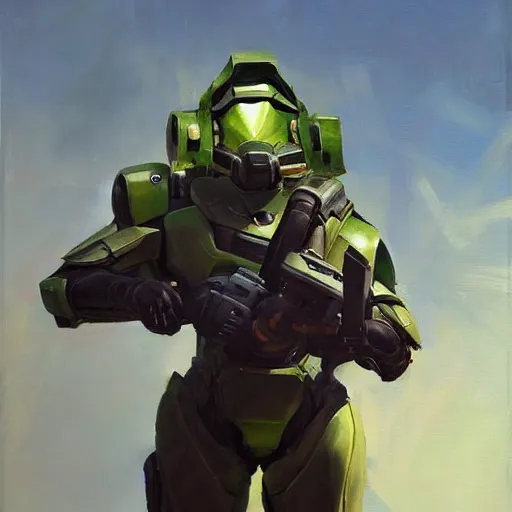 Image similar to greg manchess portrait painting of master chief as overwatch character, medium shot, asymmetrical, profile picture, organic painting, sunny day, matte painting, bold shapes, hard edges, street art, trending on artstation, by huang guangjian and gil elvgren and sachin teng