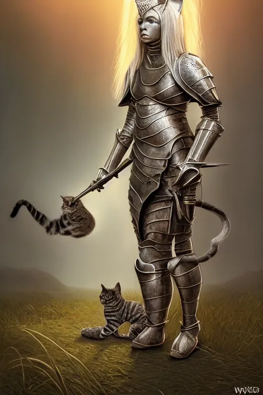 Image similar to female knight with cat on her head in the wild nature, armor design by wayne barlowe, blonde hair, symmetry, sci - fi, dark fantasy, perfect light and composition, 4 k, ultra hd, sense of awe, highly detailed, realistic, intricate