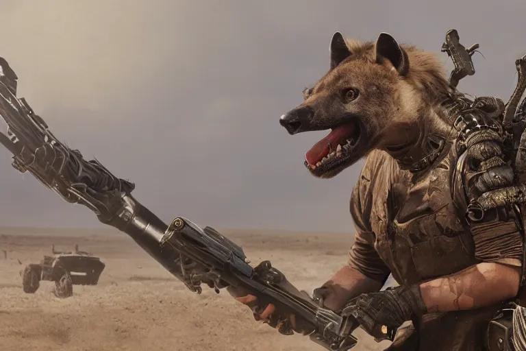 Image similar to a good ol'hyena fursona ( from the furry fandom ), heavily armed and armored facing down armageddon in a dark and gritty version from the makers of mad max : fury road. witness me.