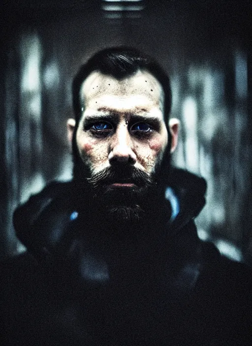 Image similar to 6 5 mm film still masterpiece portrait photo of a bearded man, sci - fi, techwear, biotech, cyberpunk, blade runner, cyborg, grainy, withered, worn, glowing lights, 4 k, sharp focus, intricate by artgerm