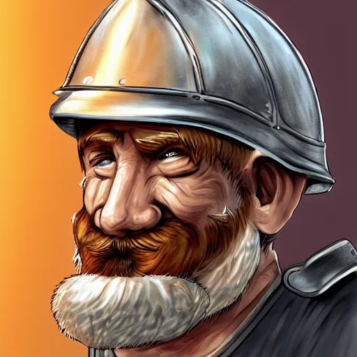 Image similar to An old man with a ginger beard, wearing knights armour and a fire fighters helmet, highly detailed, digital art, sharp focus, trending on art station, anime art style