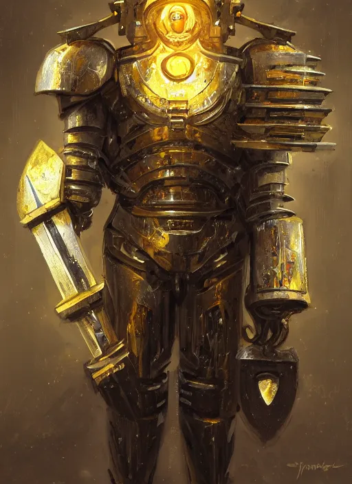 Image similar to dynamic portrait of a intricate glorious holy mechanical warforged character in yellow armor holding a paladin engraved great longsword drawn and carrying a big paladin shield, spotlight from face , epic , trending on ArtStation, masterpiece, cinematic lighting, by Greg Rutkowski and by John Salminen and by Jackson Pollock and by Marc Simonetti