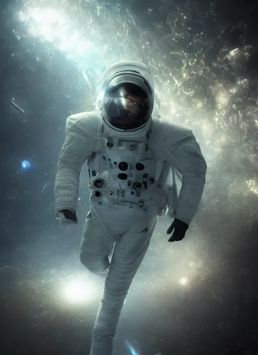 Image similar to complex poster by craig mullins astronaut in futuristic dark and empty spaceship underwater. infrared glowing lights. complex and hyperdetailed technical suit. reflection and dispersion materials. rays and dispersion of light. volumetric light. 5 0 mm, f / 3 2. noise film photo. flash photography. unreal engine 4, octane render. interstellar movie art