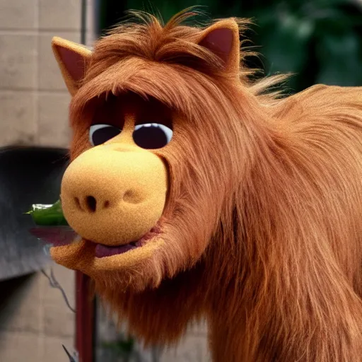 Image similar to alf eating a cat, 4 k, uhd, beautiful