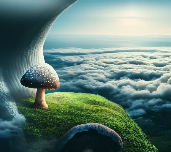 Prompt: a giant mushroom that stretches above the clouds with a city built into it underneath. highly detailed 8 k. intricate. lifelike. soft light. nikon d 8 5 0. cinematic post - processing