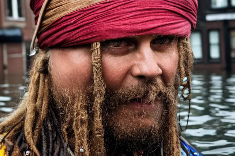 Image similar to closeup potrait of a pirate on a ship in a flooded amsterdam street, photograph, natural light, sharp, detailed face, magazine, press, photo, Steve McCurry, David Lazar, Canon, Nikon, focus