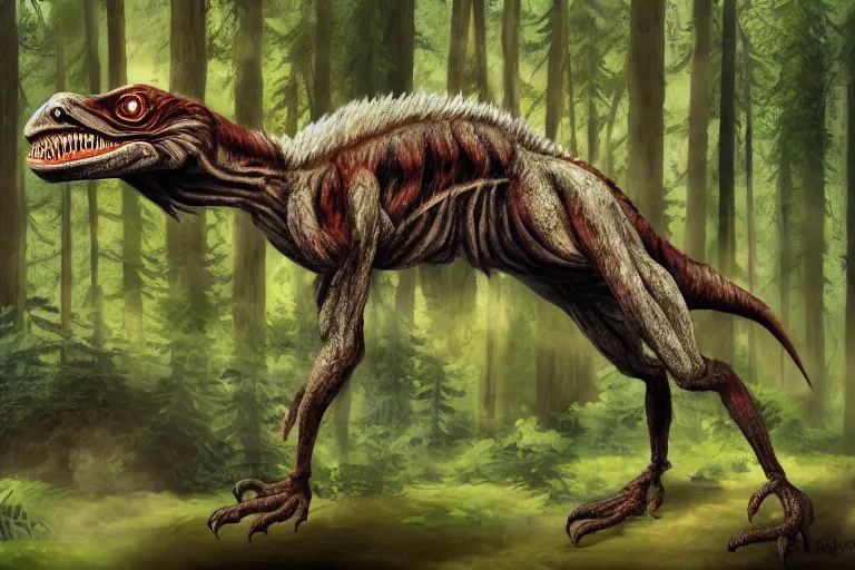 Prompt: highly detailed photograph of a oil velociraptor!! in the forest, featured on pixiv