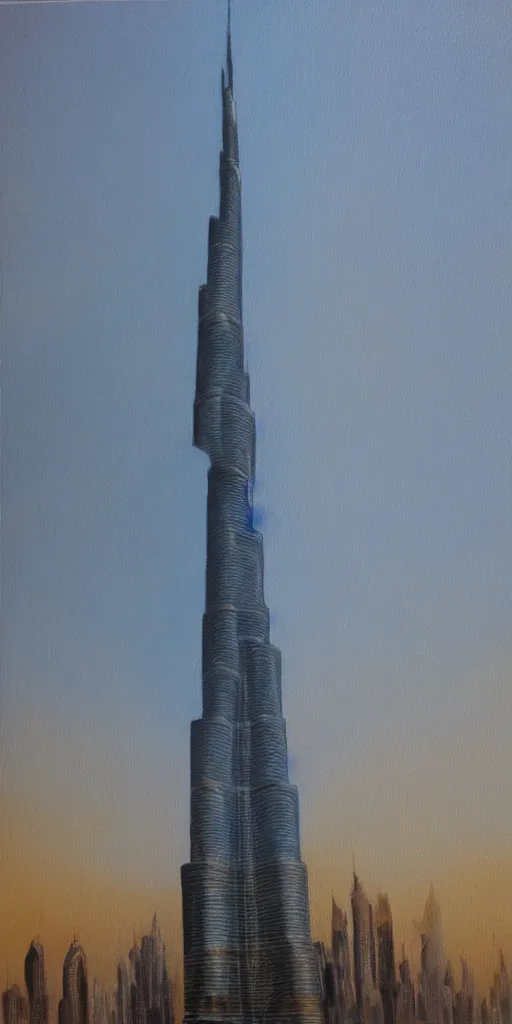 Image similar to The Burj Khalifa, Dubai, oil painting in the style of Bob Ross, high detail
