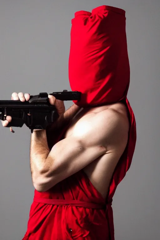 Prompt: man wearing a red sack over his head holding a gun, bloody, looking at the camera