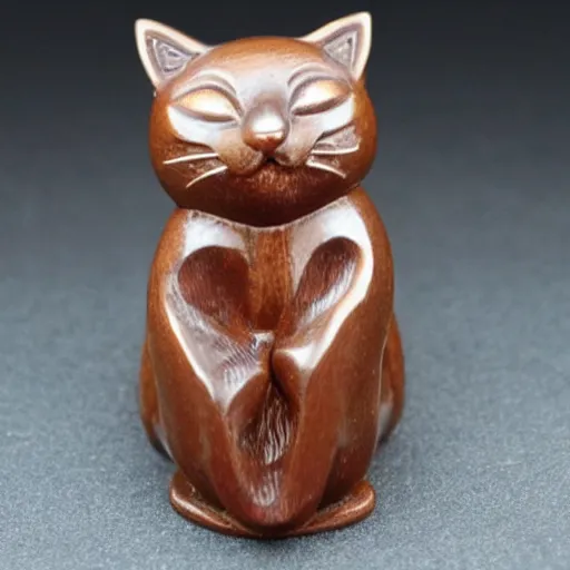 Prompt: elegant anthropomorphic cat figurine wearing a kimono, hand carved brown resin, kimono toggles, very highly detailed, petite, minute details, intricate, monotone, shy looking down waving head turned